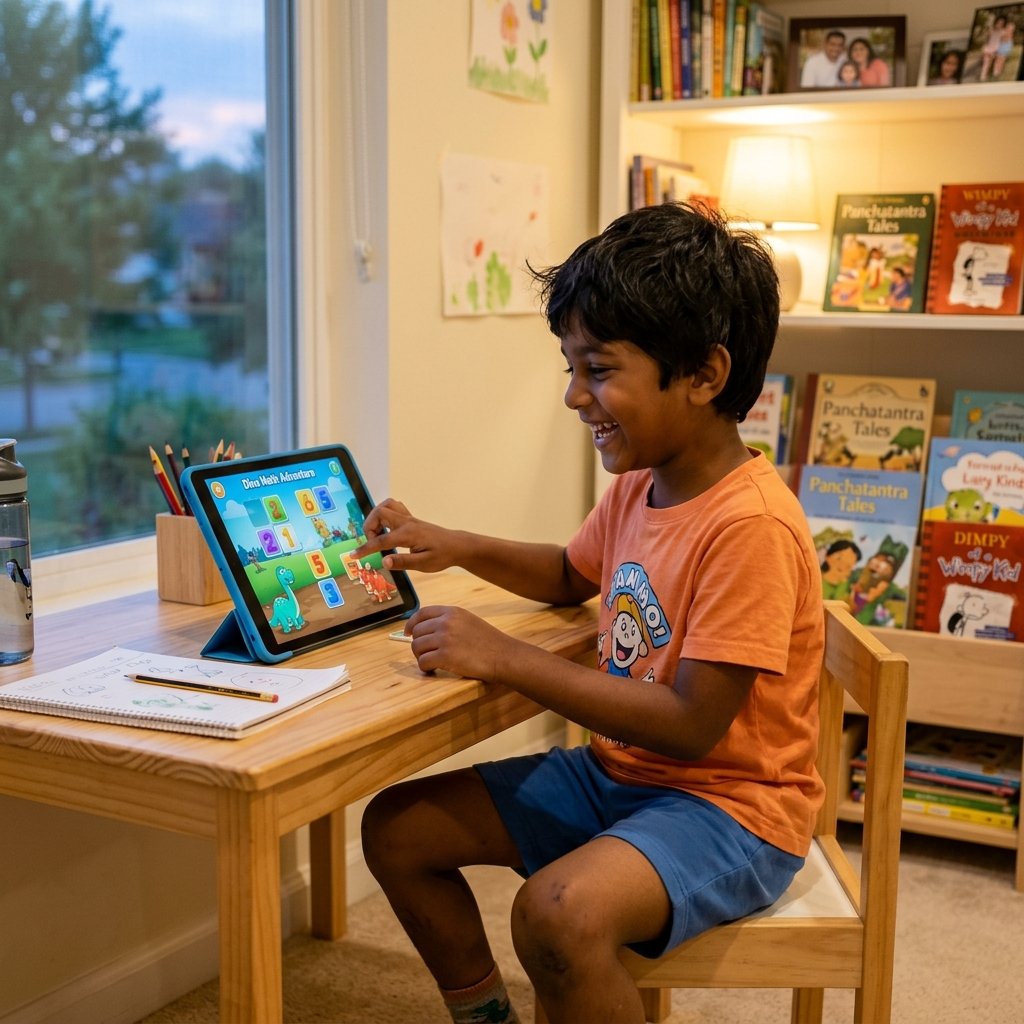 Child enjoying balanced routine of outdoor play and tablet micro-learning