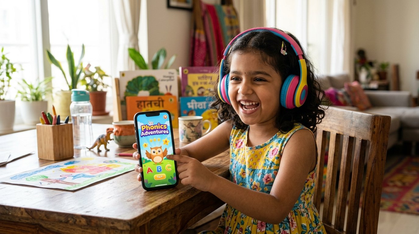 Child with headphones smiling while reading on mobile app