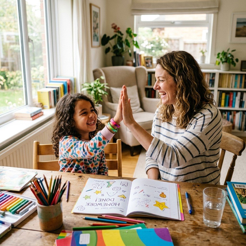 Parent and child high-fiving happily after completing a short 10-minute learning win.