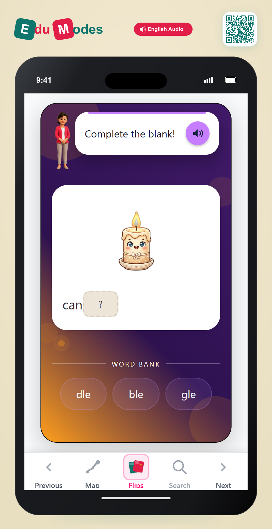Spell consonant-l-e words - Candle - Interactive Learning Game Preview