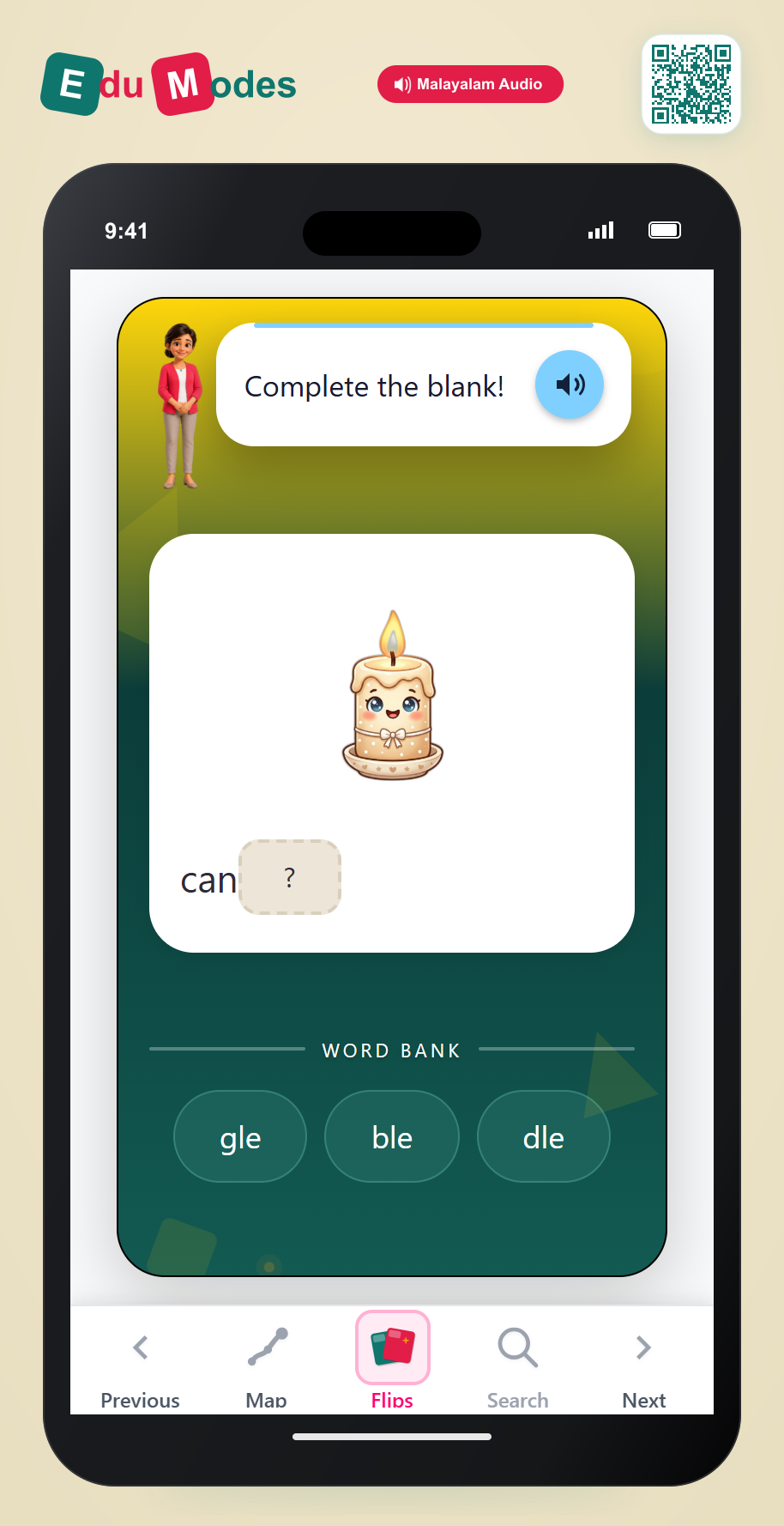 Spell consonant-l-e words - Candle (Malayalam) - Interactive Learning Game Preview