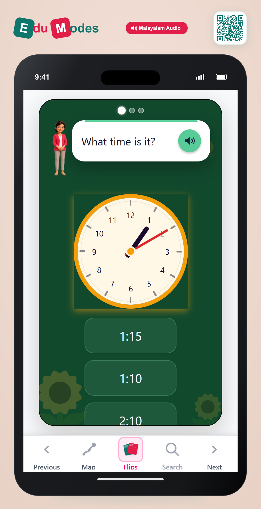 Match analogue clocks and times - Read 5-minute intervals (Malayalam) - Interactive Learning Game Preview