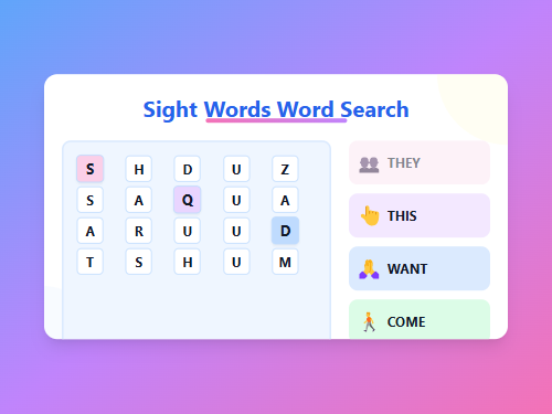 Find Sight Words in Word Search Puzzle